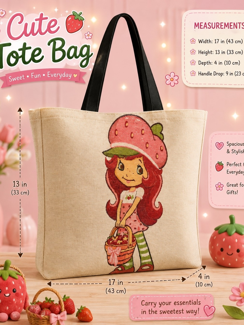 Strawberry Girl Beige Tote Bag with Black Handles